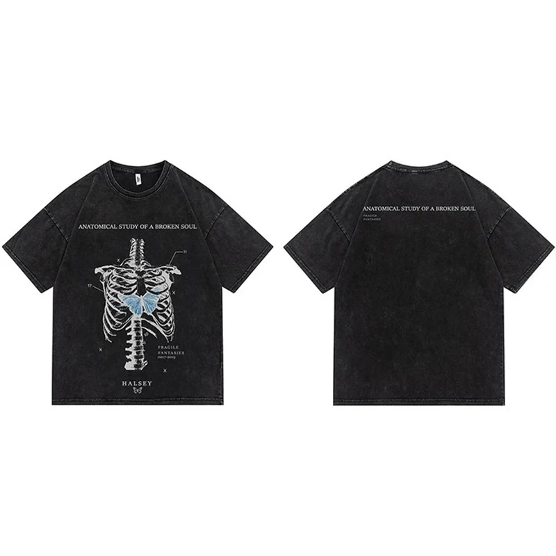 

Skeleton Graphic Design Washed Tshirt Women Men Oversized Unisex T-Shirt Short Sleeve Hip Hop Casual Harajuku Vintage Tops Tees