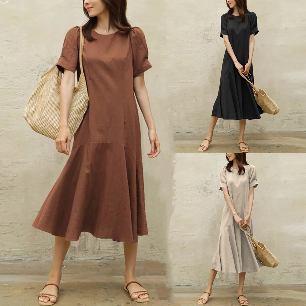 

Сарафан женский с пышными рукавами, модное однотонное повседневное длинное платье средней длины с круглым вырезом, большие размеры, на лето