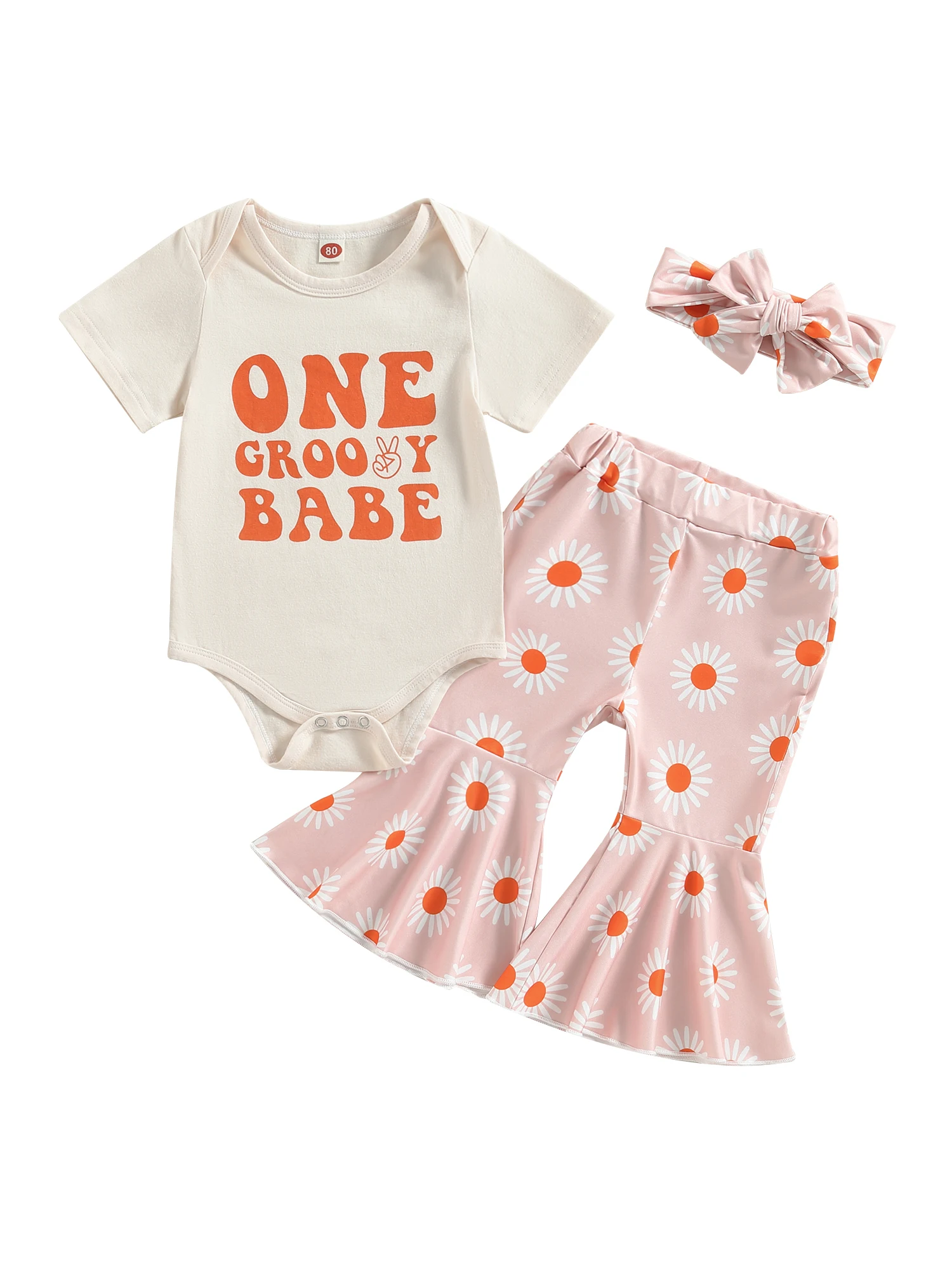 

First Birthday Outfit Girl Short Sleeve Groovy One Romper Floral Print Bell Bottoms Headband 6-18M