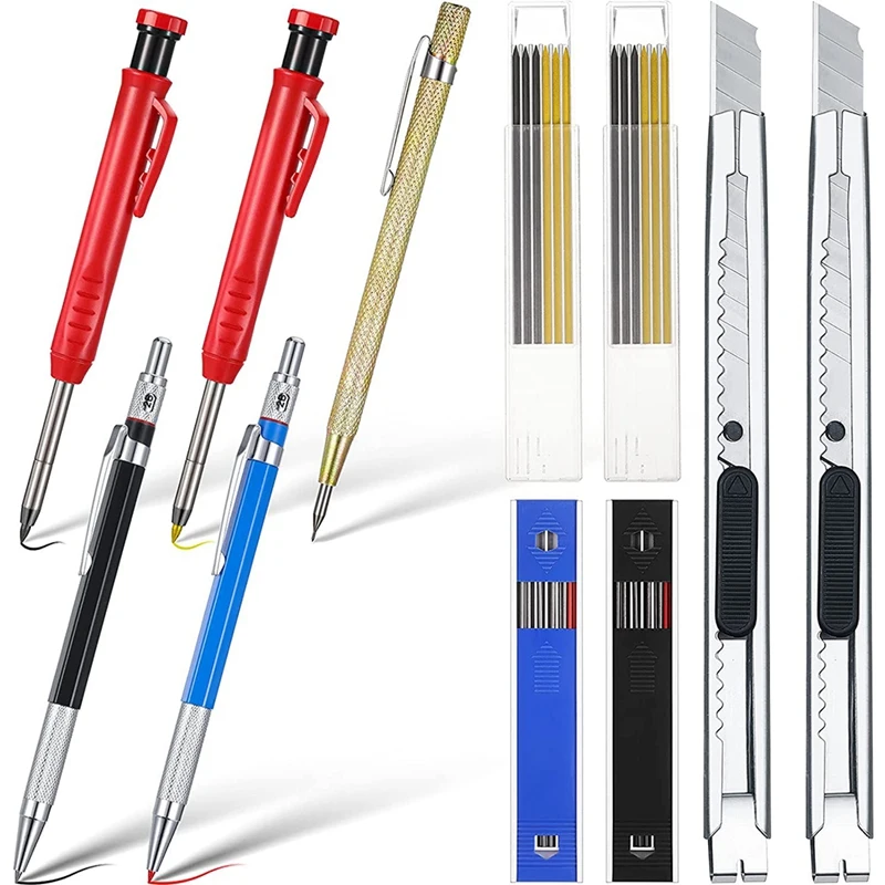 

4Pcs Solid Carpenter Pencil For Construction With 48 Refills And 2 Utility Knife,For Glass Ceramics Hardened Woodworking