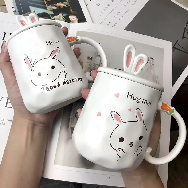 

Cartoon Rabbit Coffee Mug Creative Cute Couple Milk Office Cup With Lid Spoon Girl Ceramic Mug Gift