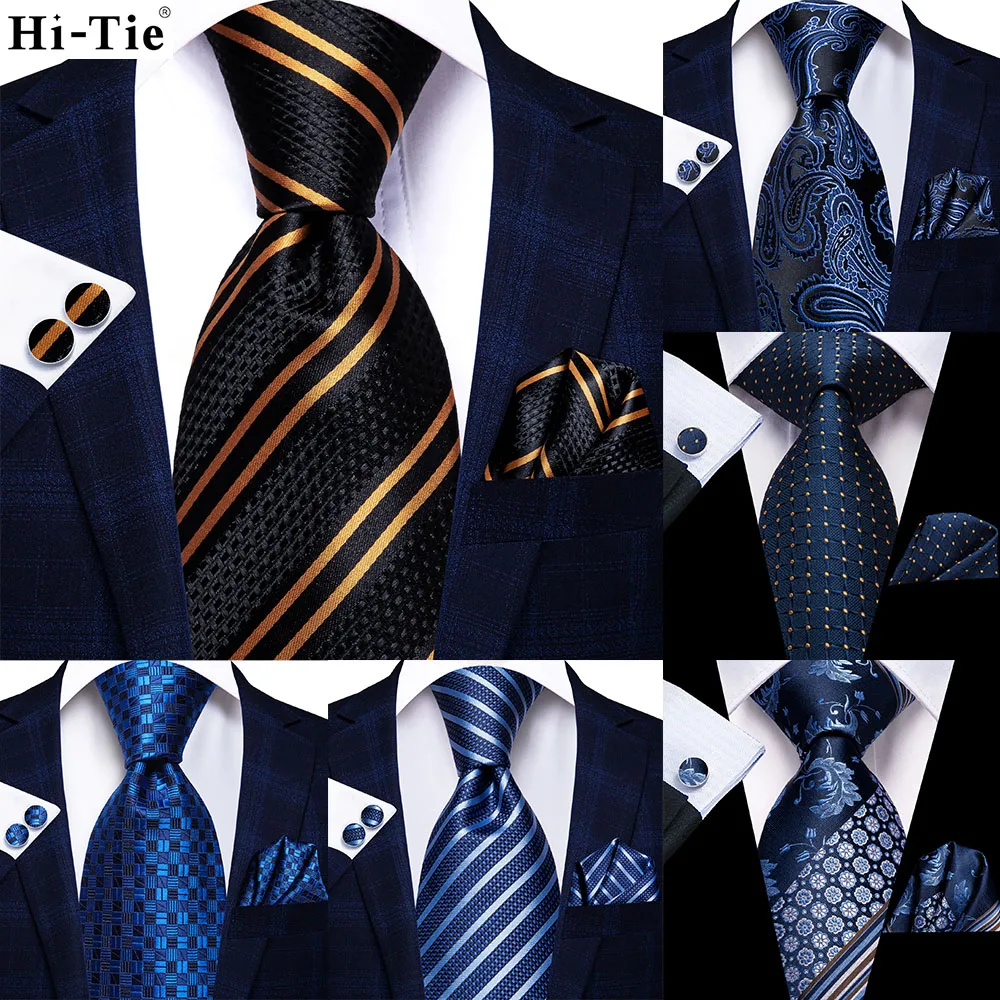 

Black Gold Striped 63inch Silk Mens Extra Long Ties for Men Woven Classic 160cm Mens Necktie Pocket Square Set Cufflinks Hi-Tie
