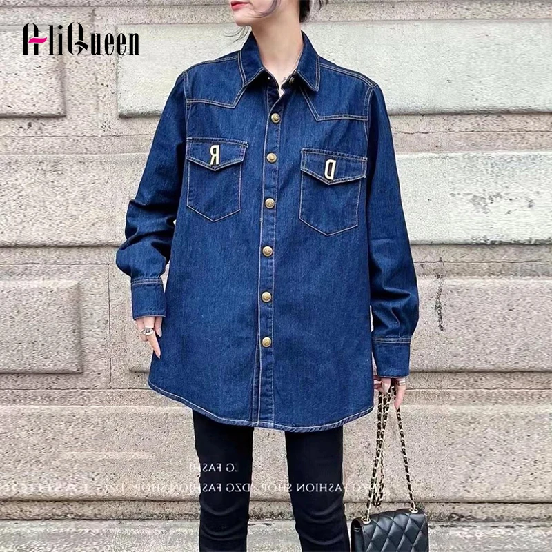 

Spring Autumn Women Blue Lantern Long Sleeve Single-breasted Pockets Denim Shirt Female Loose Shirts Tops Vintage Jeans Coats