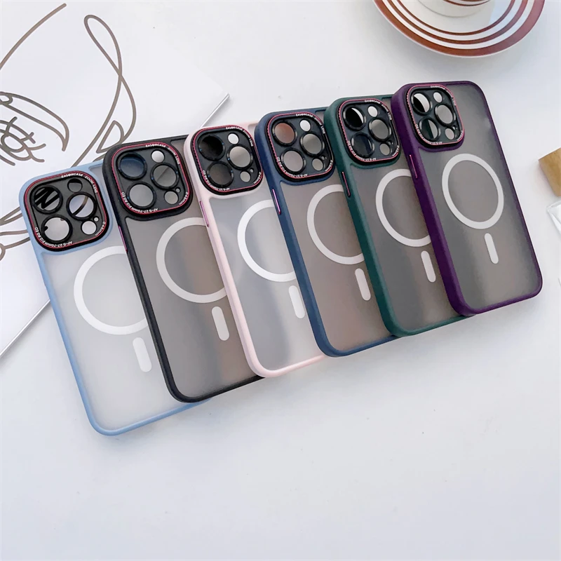 

Luxury Logo Hole Magnetic Case For iPhone 14 13 12 ProMax 14 Plus Transparent Matte Acrylic Cover For Magsafe Wireless Charge