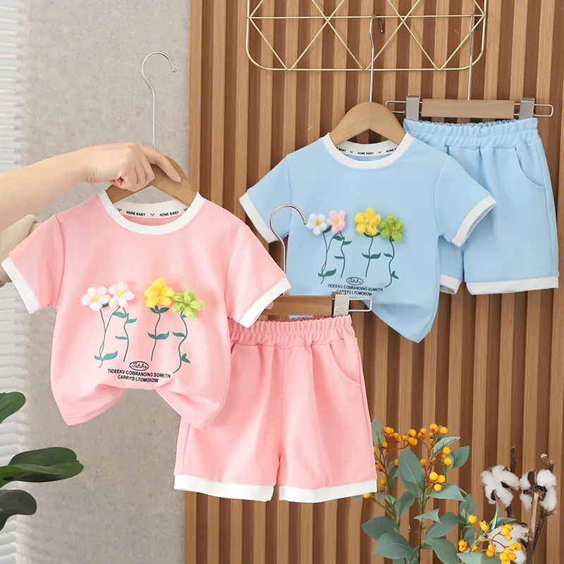 

Summer Children's Short Sleeve Cotton T-Shirt Girls Summer Children's Clothing Girls Flower Tops Children's Shorts 2 Pieces Set