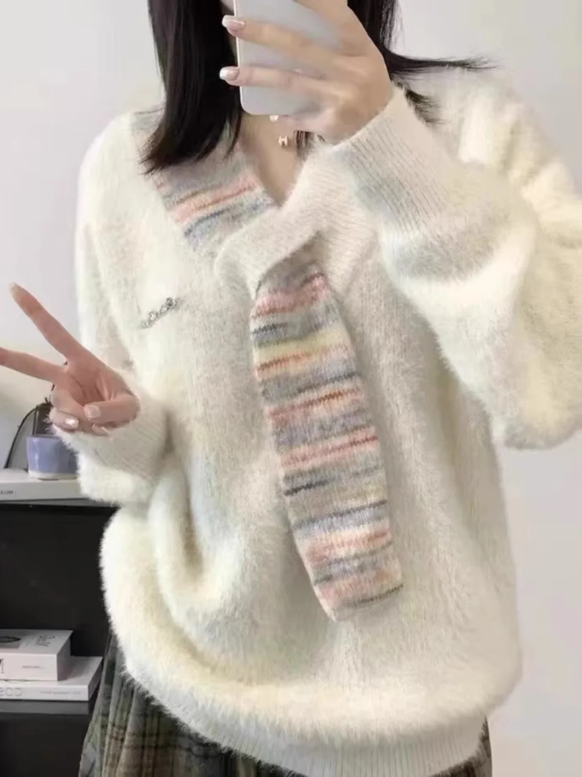 Пуловер в японском стиле свитер повседневный шарф лоскутные вязаные свитера