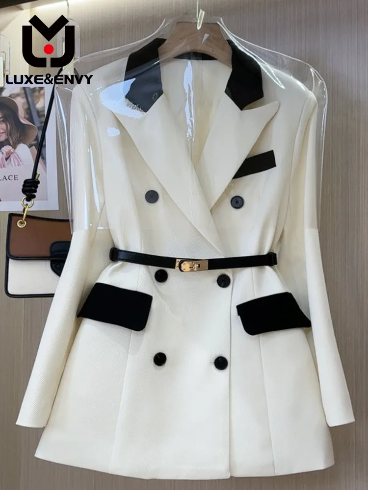 

LUXE&ENVY Quality Blazer Belt New Korean Hepburn Style Black White Spliced Suit Coat For Women Autumn Winter 2023