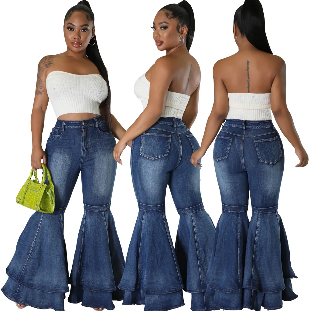 

Casual Versatile Big Flared Shape Splicing Jeans Women Fashion Wide Leg Blue Washed Denim Pants Commuter Cotton Stretch Trousers