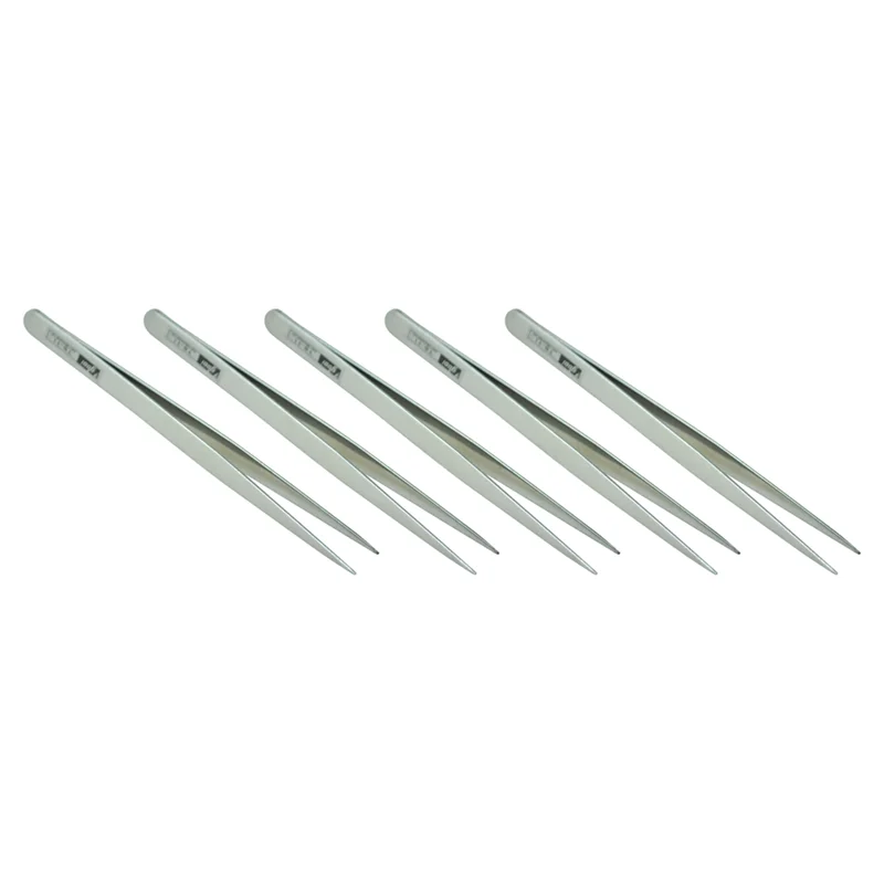 

5pcs 5.1 inch Long Silver Tone Stainless Steel Extra Fine Pointed Tweezers