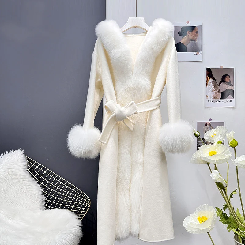 

2023 Winter Women Real Fur Coat X-Long Outerwear Ladies Streetwear New Cashmere Luxury Jacket With Belt Placket Cuffs Streetwea