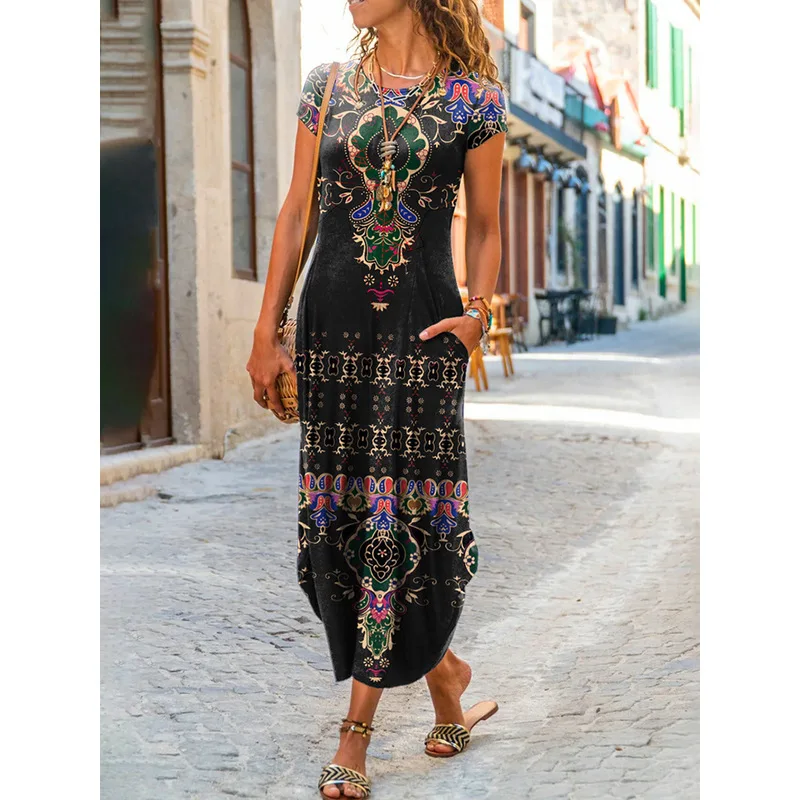 

3XL Women Floral Print Dress O Neck Short Sleeve Summer Boho Robe Ladies Casual Loose Fit Sundress
