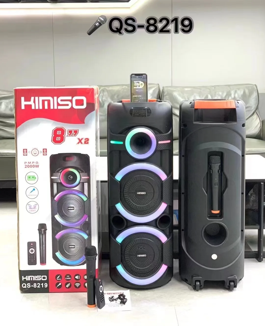 

Kimiso QS-8219 двойные 8-дюймовые Bluetooth-динамики 2000 Вт Пиковая высокая мощность открытый RGB Многофункциональный караоке стерео объемный сабвуфер