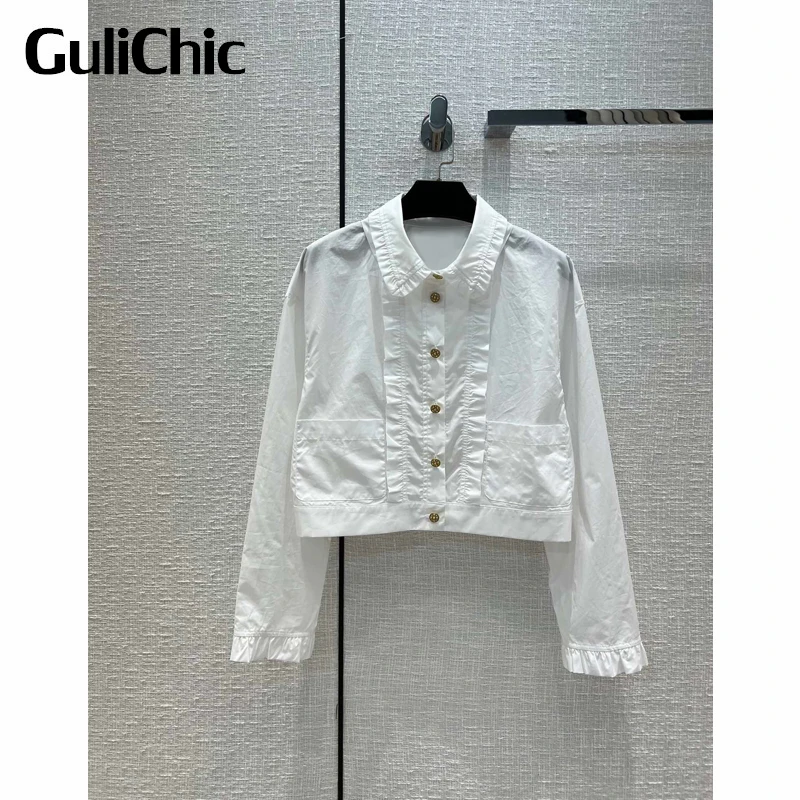 

Женская однобортная рубашка GuliChic 7,26 года, белая хлопковая рубашка с оборками и двойным карманом