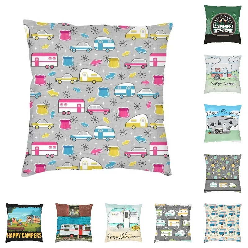 

Fashion Happy Camper Square Throw Pillow Case Decoration 3D Double-sided Print Camping Stuff Cushion Cover for Sofa