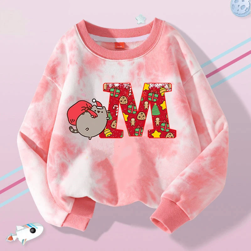 Pusheens Kids Long Sleeve Sweatshirt Catoon Christmas 26 Letter Print Pullover Girls Winter Casual Warm Top Child Birthday Gifts
