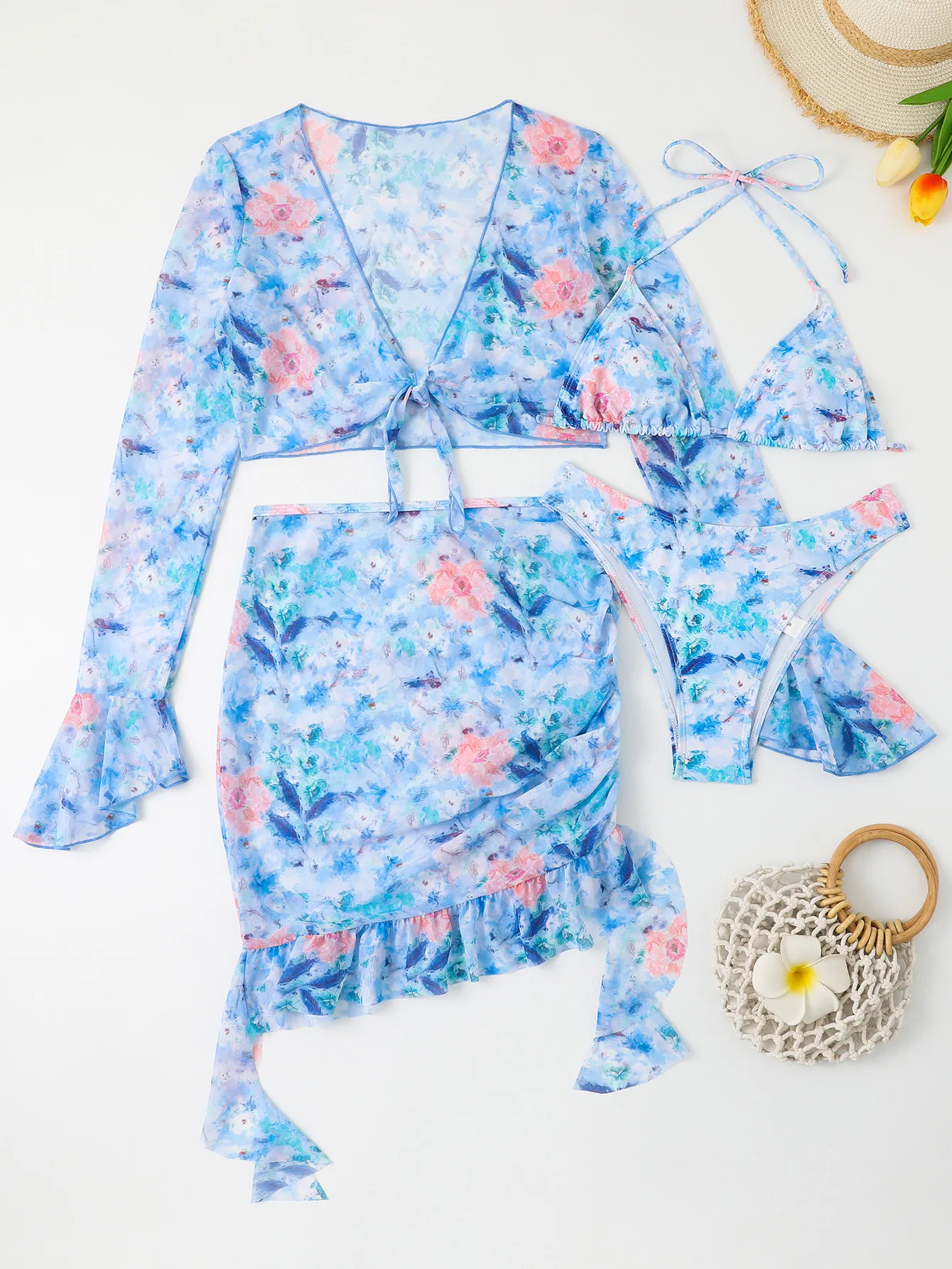 Купальник-бикини женский с длинным рукавом комплект из 4 предметов стринги