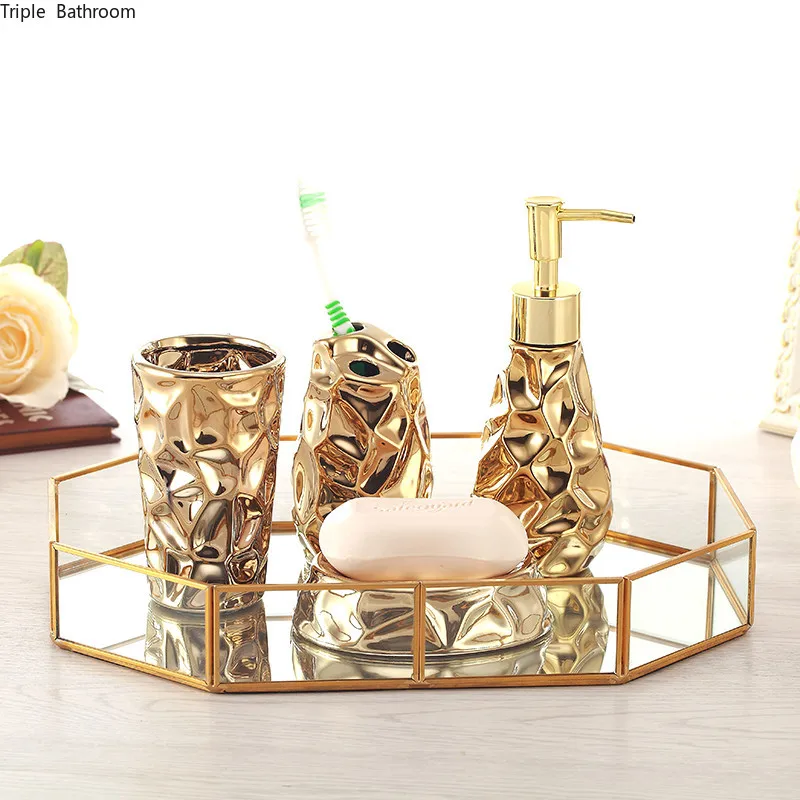 

Керамический набор для ванной комнаты, золотой держатель для зубной щетки из четырех предметов, дозатор мыла, Коробка для мыла, аксессуары для украшения ванной комнаты, свадебные подарки