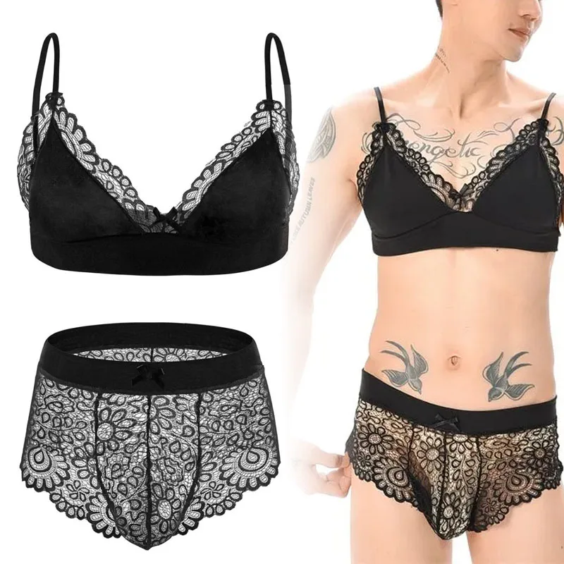 

Sexy Men Underwear Bow Lace Bra Pants Set Cotton Breathable sissy panties Crossdressing Gay Men Bra Erotic Low Waist Cos Cosplay