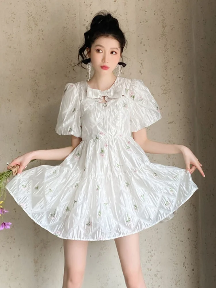 

Hollow Out Dress For Female Puff Short Sleeve Bowknot High Waist Mini Dresses Women 2022 Summer Fashion Clothing Style M079