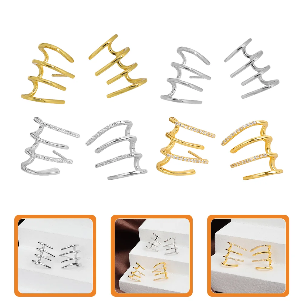 

4 Pairs Four Prong Earrings Claw Cuff Women Women’s Women's Stud Cuffs Illusion