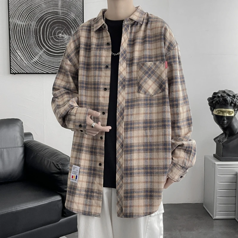 

Harajuku Men Plaid Vintage Shirts 2022 Japanese Man Streetwear High Quality Shirt Long Sleeve Male Casual Button Up Retro Blouse