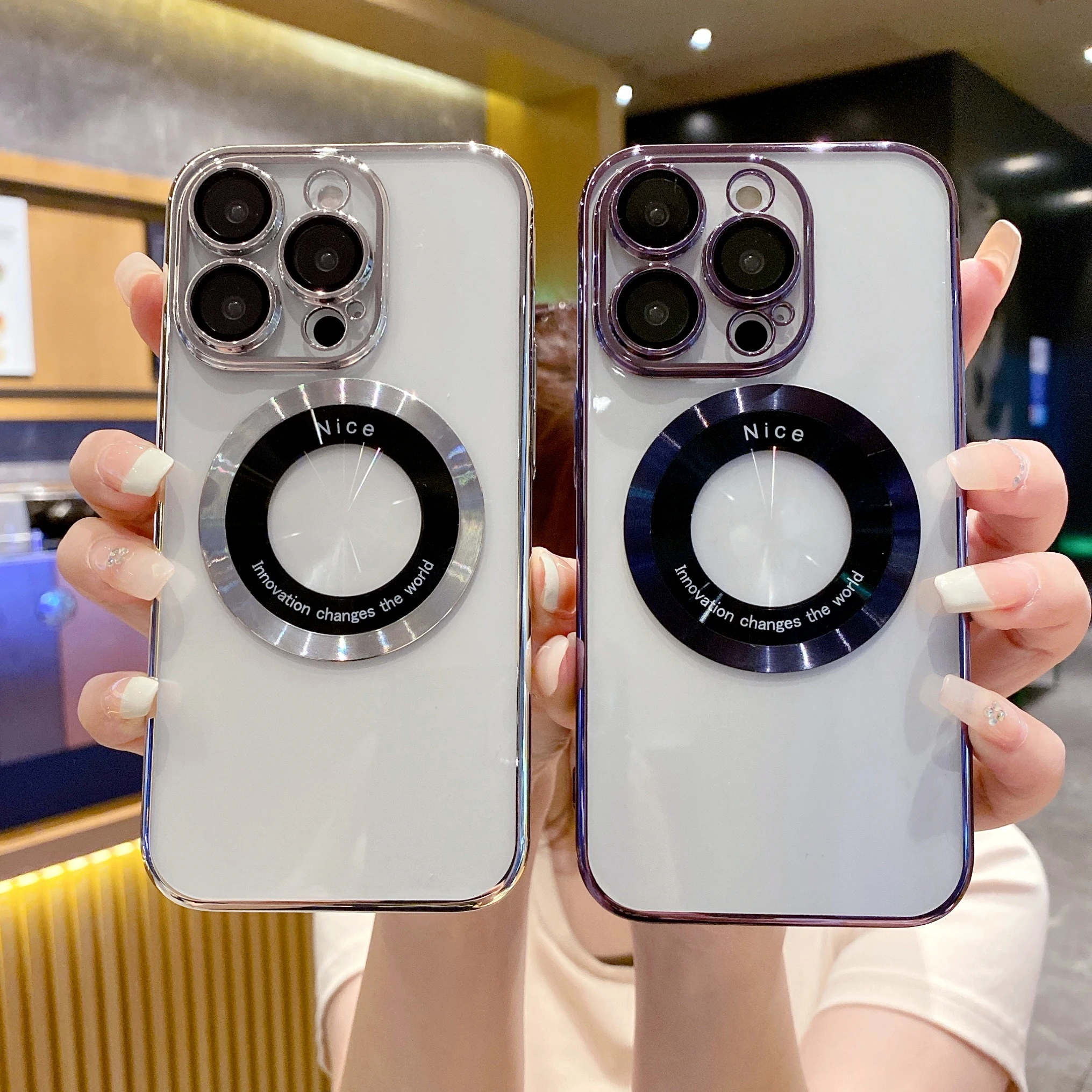 

Deluxe electroplated phone case suitable for iPhone 12, 13, 14 Pro Plus, ProMAX mini hollow out full lens transparent phone case