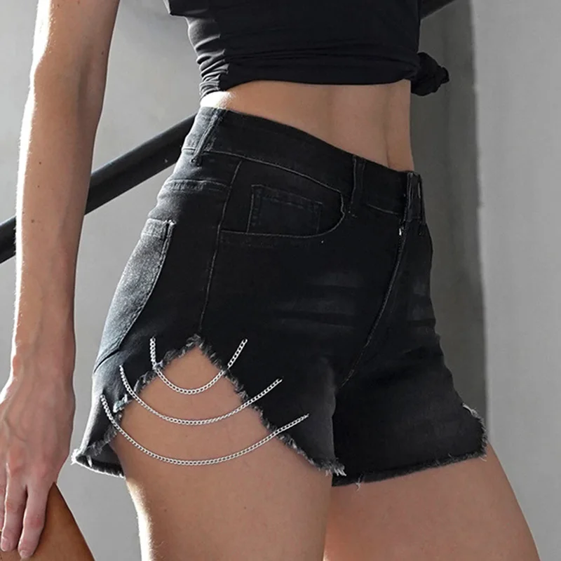 

Black High Waist Tassel Denim Shorts Women 2022 Summer Fashion Side Split Metal Chain Stretch Shorts Woman Sexy Mini Short Jeans
