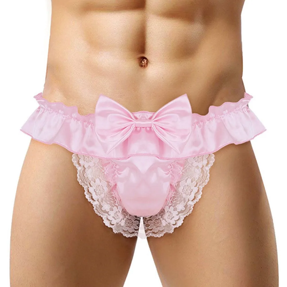 

Men Sissy Feminization Underwear Lace Bow Tie Panties See-Through Satin Bikini G-String Thong Backless Briefs Sexy Underwear