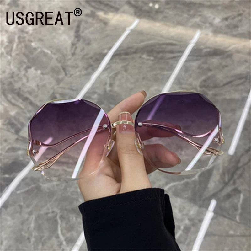 

Модные градиентные солнцезащитные очки для женщин, солнцезащитные очки с океанскими линзами, ограненные очки без оправы, металлическая опр...