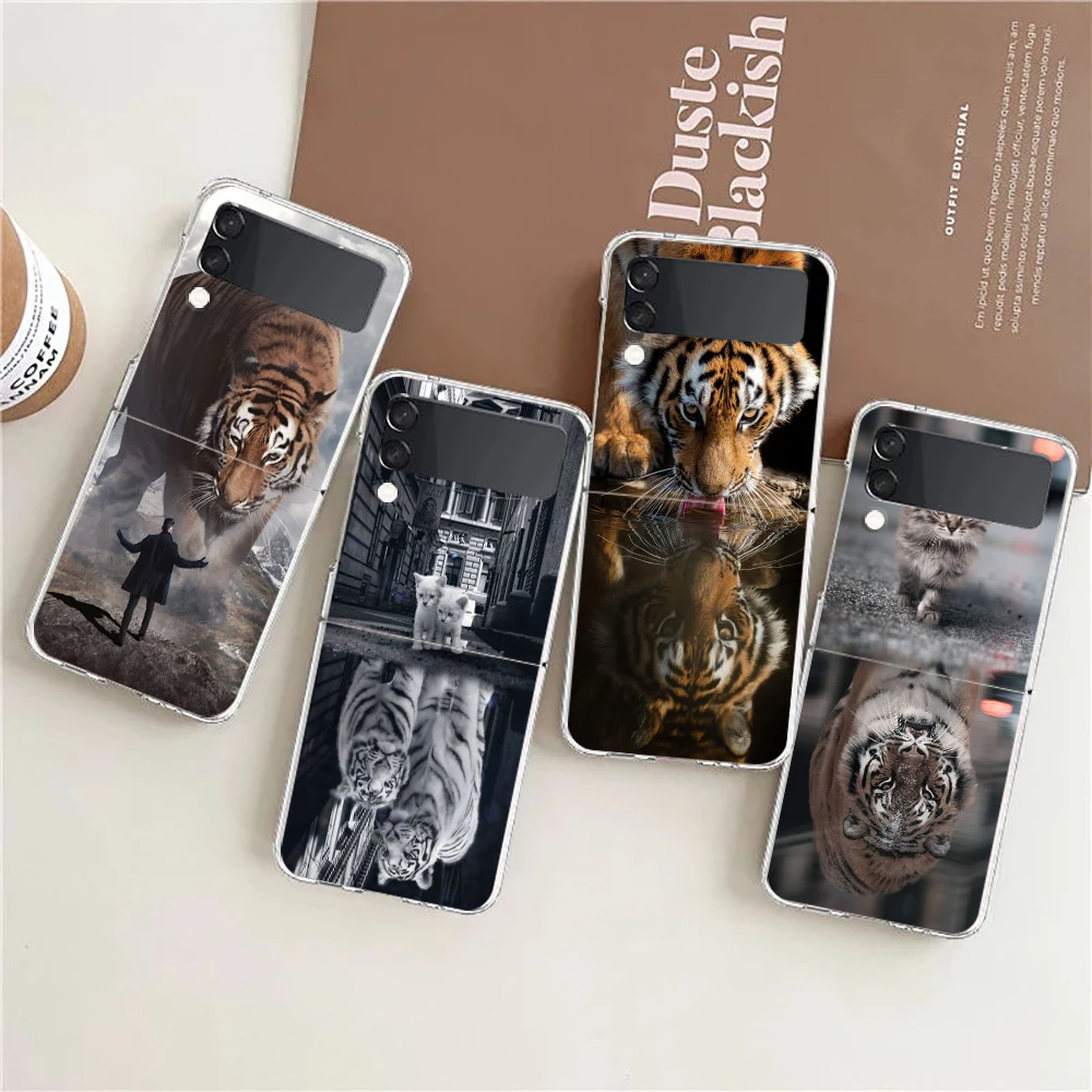 

Animal Tiger Lion ZFlip4 ZFlip3 Phone Case For Samsung Z Flip 3 Transparent Hard Shell Z Flip 4 Galaxy Cover ZFlip 5G Folding