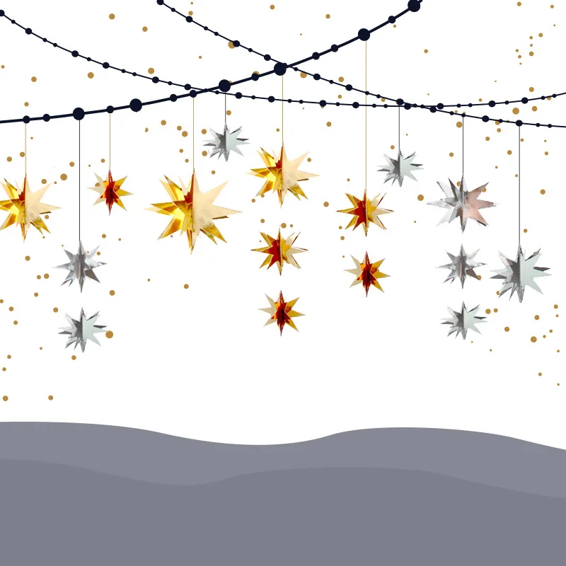 

Octagonal Star Stereoscopic Mirror Paper Lacquer Christmas Star Decoration New Year Party Shopping Mall Window Hanging Decor