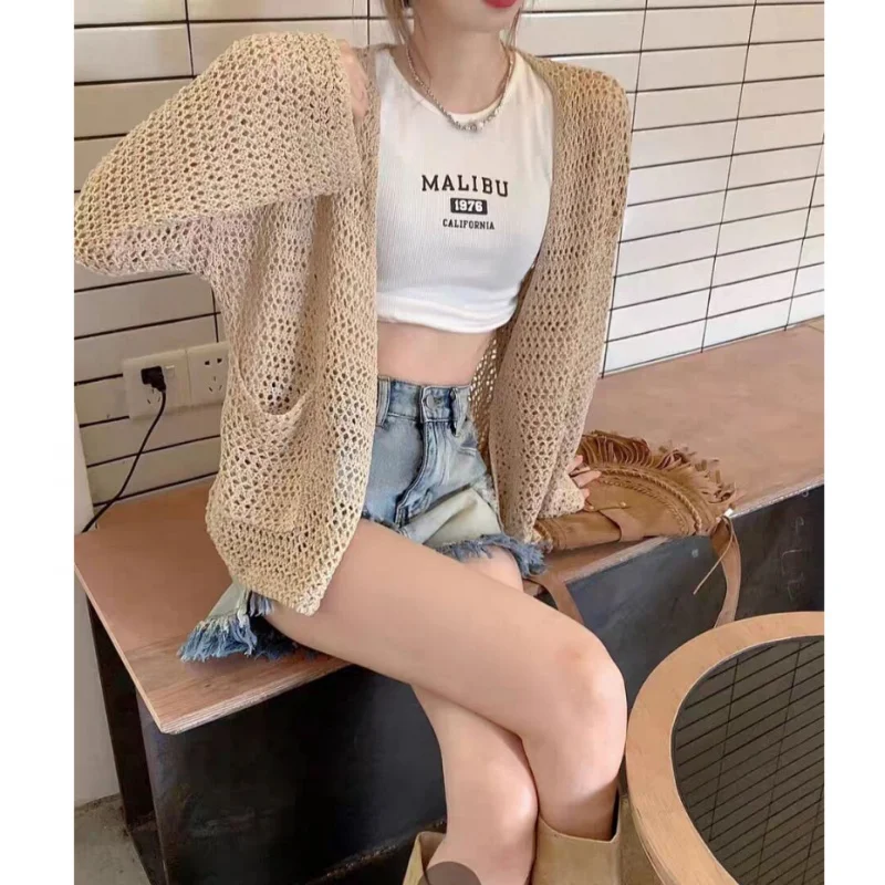 

Женский трикотажный кардиган с вырезами и защитой от солнца, свободное летнее пальто