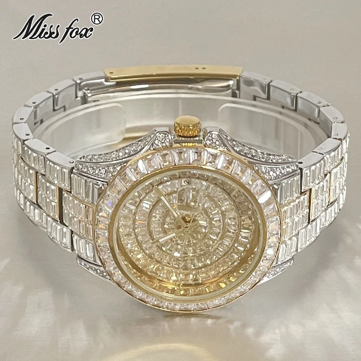 New Fashion Brand  Quartz Watch For Men Luxury Full Baguette Moissanite Gold Silver Clocks Automatic Date Waterproof Wristwatch enlarge
