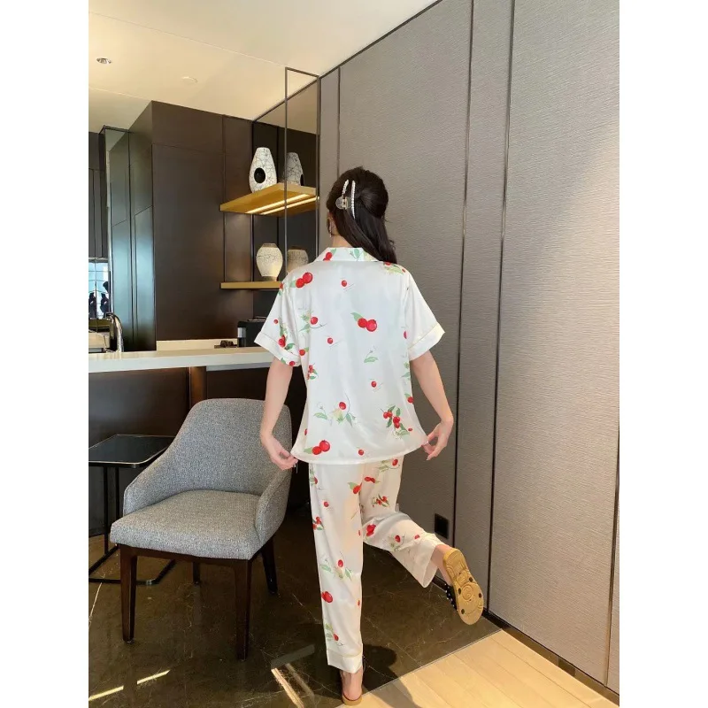 2023 Summer New Ice Silk Pajamas Women Cherry Printed Homewear Short Sleeve Trousers Suit Simple Casual Women's Pajamas