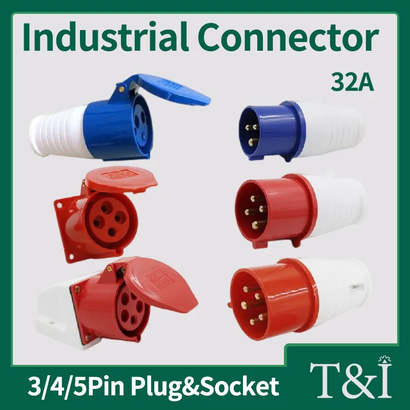 

Industrial Connector 3P/4P/5Pin Electrical Plug 32A IP44 Waterproof Panel Mounted Socket MALE FEMALE 220V 380V Concealed Auto