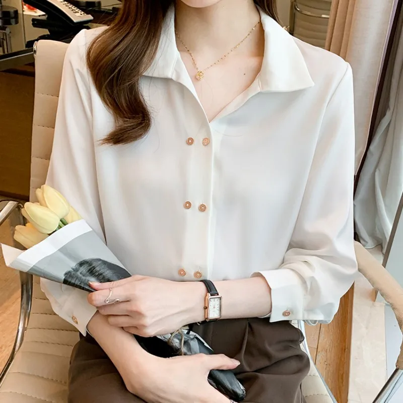 

Fashion Woman Blouses 2023 Solid V-neck Double Breasted Shirts Pretty and Cheap Women's Blouse Button Chiffon OL Female Clothing