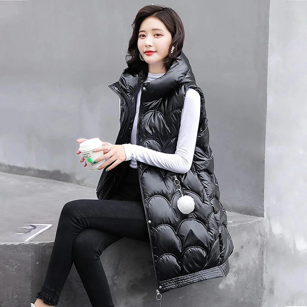 

Women Long Waistcoat Warm Female Cotton Padded Sleeveless Jacket Casual Outwear New Women's Winter Down Vest Coat Glossy Hooded