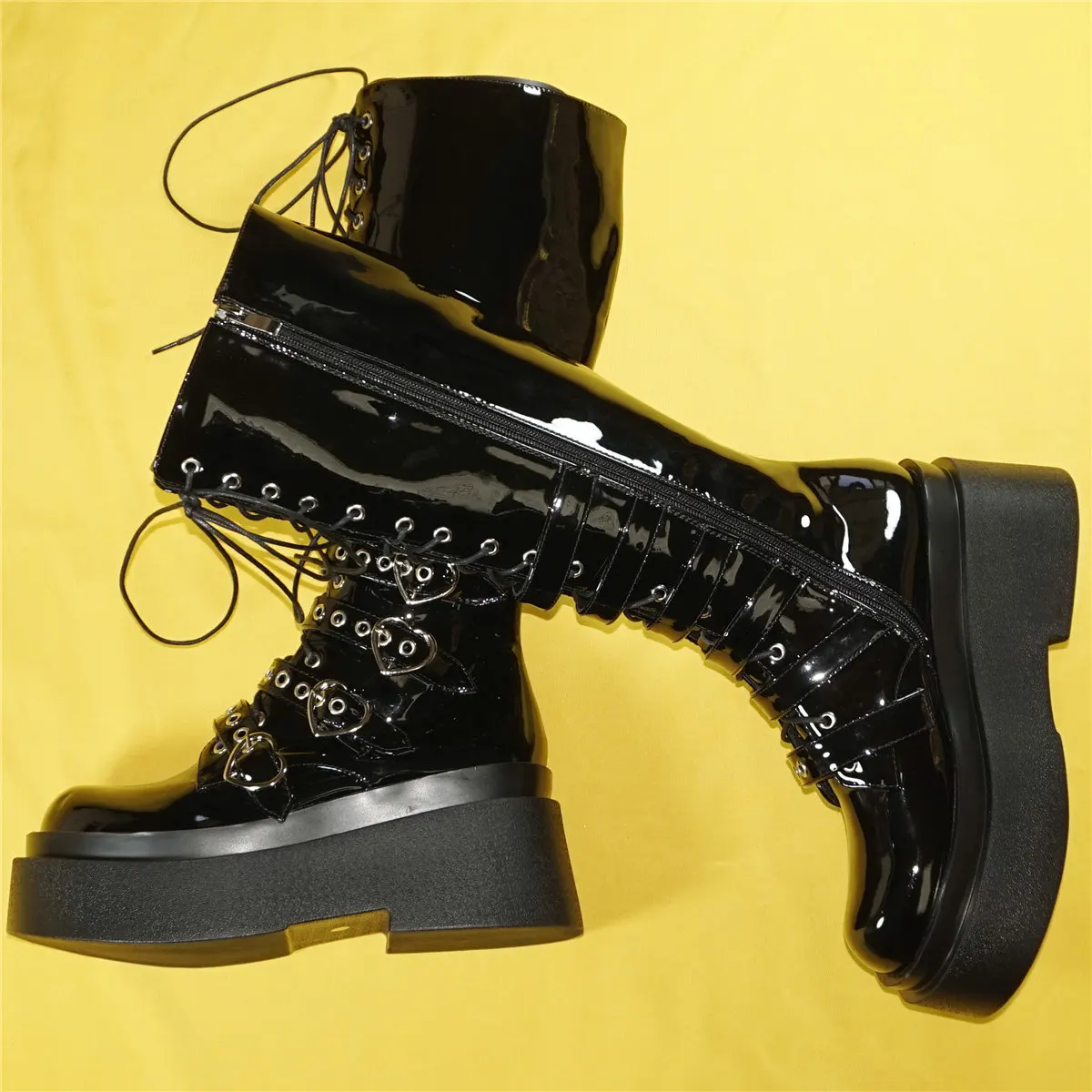 Winter Warm Shoes Women Lace Up Patent Leather Wedges High Heel Knee High Boots Female Round Toe Platform Pumps Casual Shoes