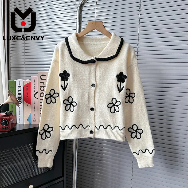 

Роскошный дизайнерский свитер-поло люкс & ENVY в Корейском стиле с контрастными краями и цветочной вышивкой, свитер с воротником-стойкой, кардиган, куртка, осень 2023