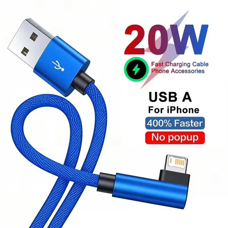Фото USB-кабель для быстрой зарядки с углом 90 градусов для iPhone 11/12/13/14/XS/X/XR/6/6S/7/8, игровой зарядный кабель, 1 м/2 м/3 м, прочный качество A + №1