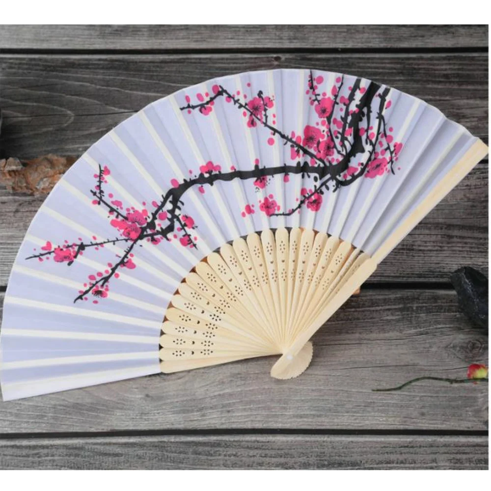 

150Pcs Cherry Blossom Silk Hand Fan Wedding Favor Plum Blossom Hand Folding Fan Wintersweet With Logo