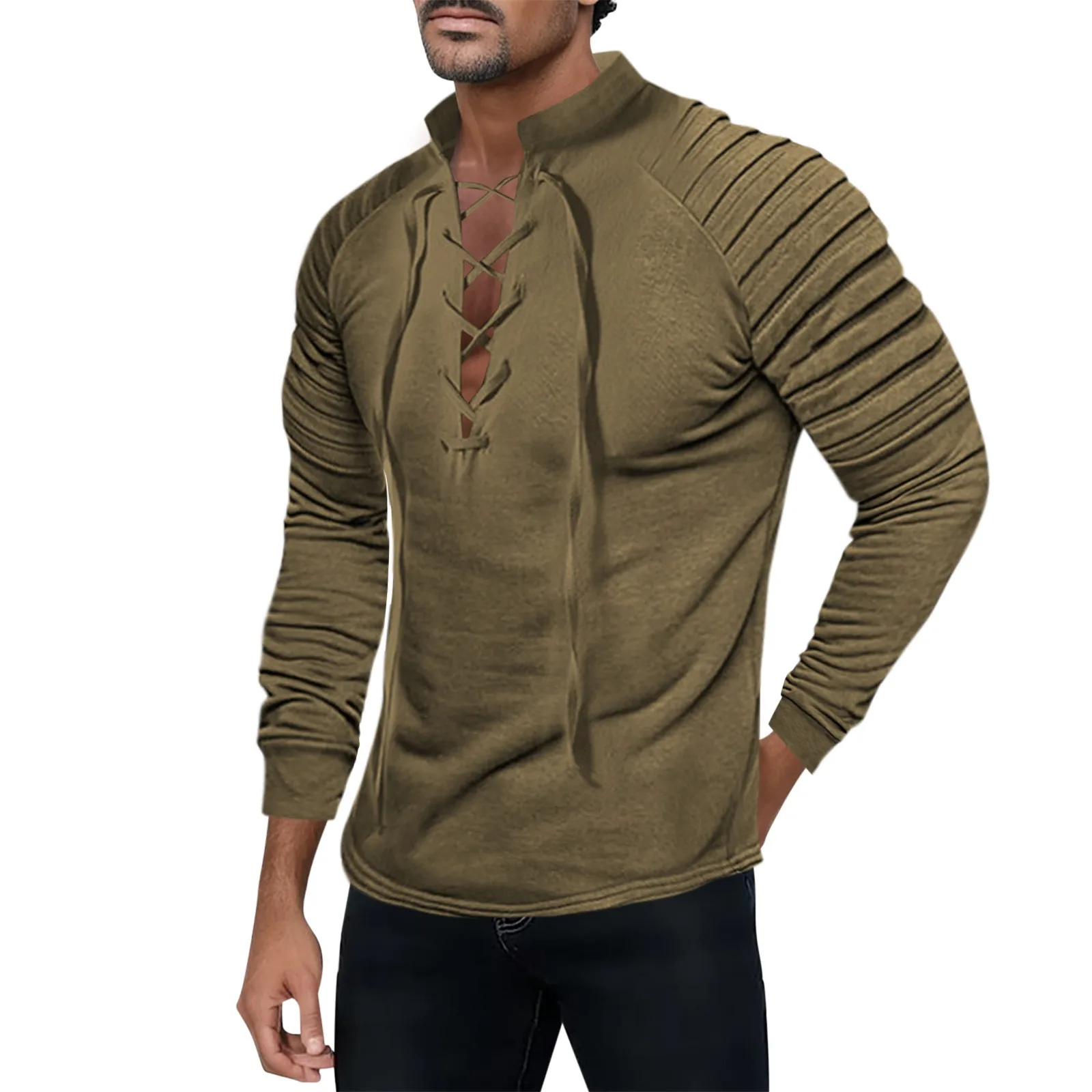 

Men Medieval Vintage Shirt Solid Color Retro Henley-Shirts Tops Wrinkling Long-Sleeve Blouse Autumn Spring Casual Athletic Tunic