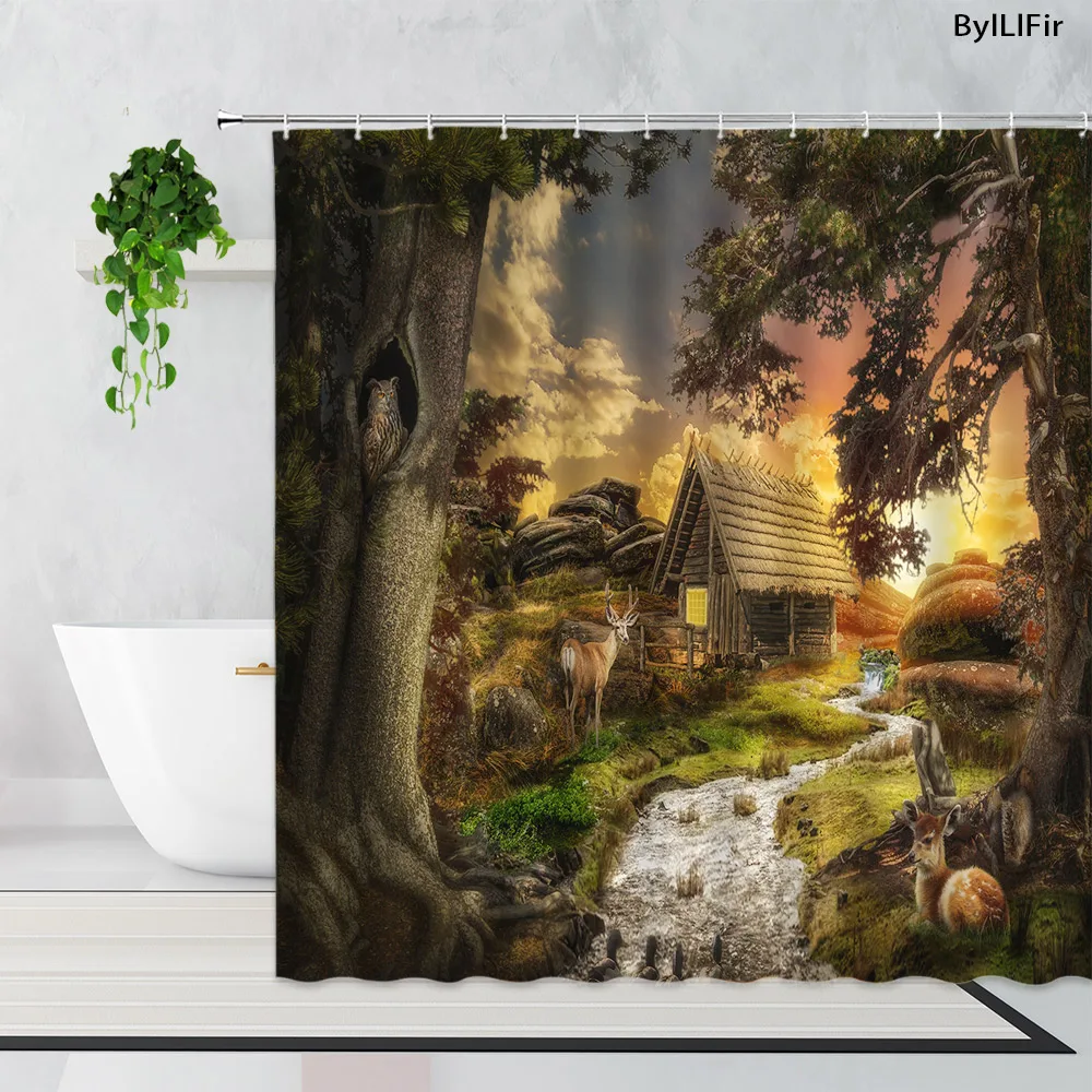 

Forest Farm Cabin Shower Curtains Dusk River Elk Owl Rural Nature Scenery Pattern Fabric Bathroom Decor Bath Curtain with Hooks