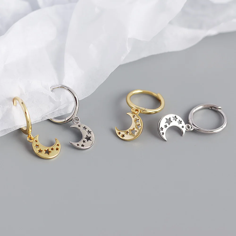

WPB 925 Sterling Silver Earrings Circle Hollow Star Moon Stud Earrings Women's Metal Style Trend Jewelry Office Party Gift