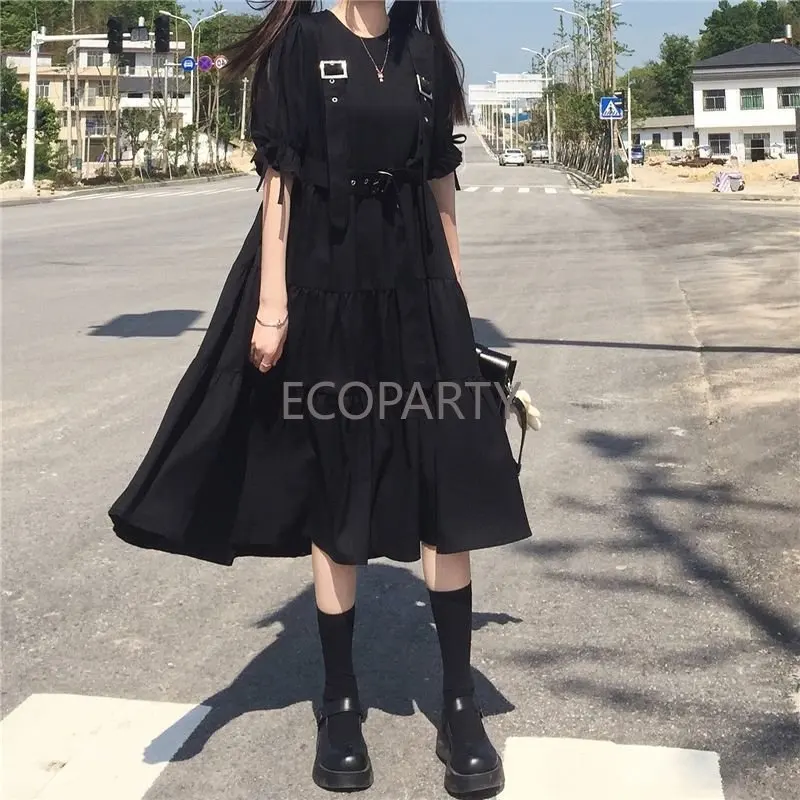 

Корейская версия, готическое стильное платье, женское платье в стиле Харадзюку, Готическая Лолита, кавайное платье в стиле панк, милое свободное черное платье миди на бретелях с длинным рукавом