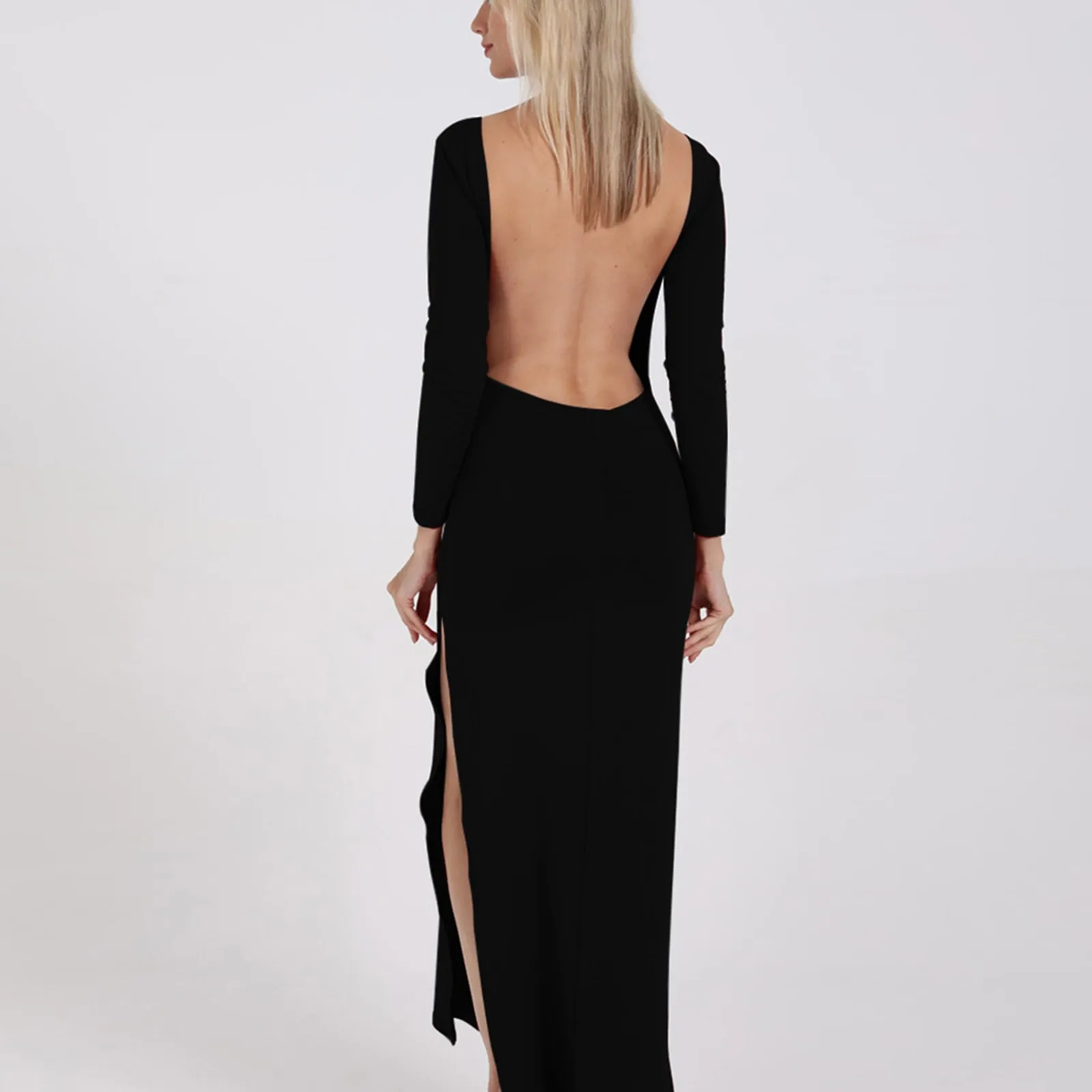 

Office Lady Backless Bodycon Long Dress Spring Autumn Black Long Sleeve Skinny Wrapped Mini Dress Party Street Outfit