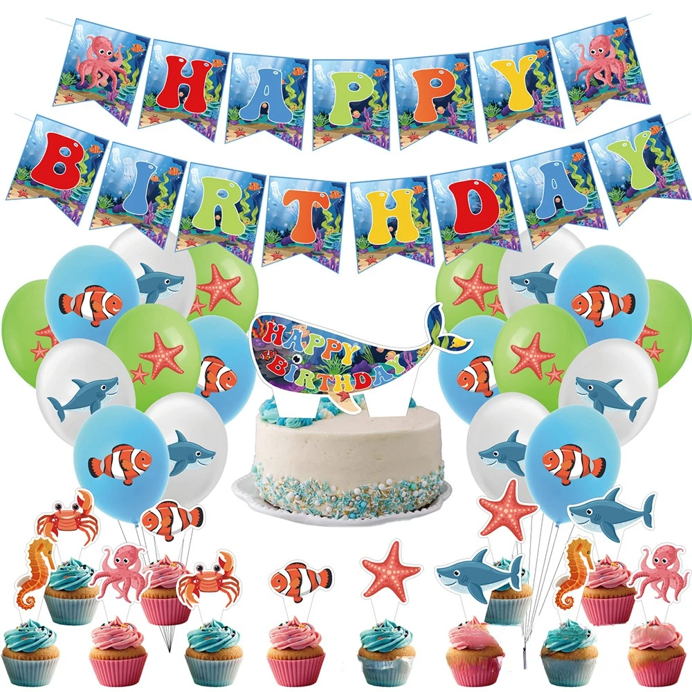 SURSURPIRSE Ocean World Theme Blue Green Latex Balloon Banner Clownfish Starfish Cupcake Topper for Kids Birthday Party Supplies  - buy with discount