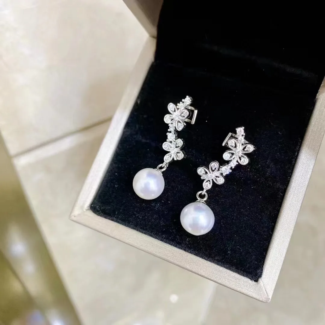 MJ Pearl Earrings Fine Jewelry 925 Sterling Silver Round 10-11mm Nature Fresh Water White Pearls Drop Dangle Earrings Present