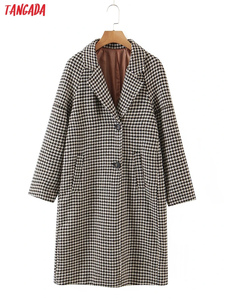 

Tangada 2021 Winter Women Khaki Plaid Woolen Coat Warm Thick Elegant Long Sleeve Coat Female Overcoat 2Z31