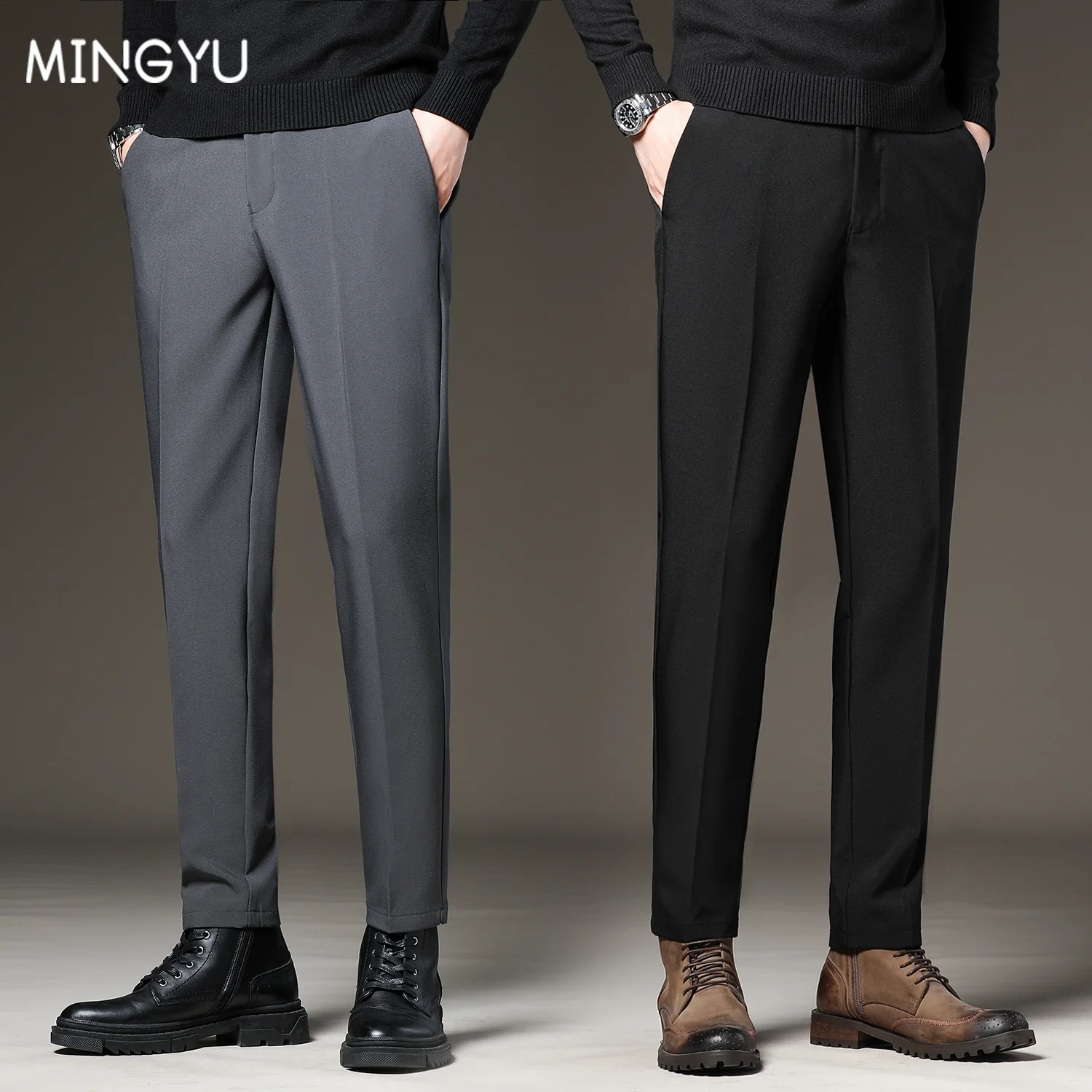 

Spring Summer Men‘s Suit Pants Slim Business Office Elastic Waist Black Grey Classic Korean Trousers Male Plus Size 27-38 40 42